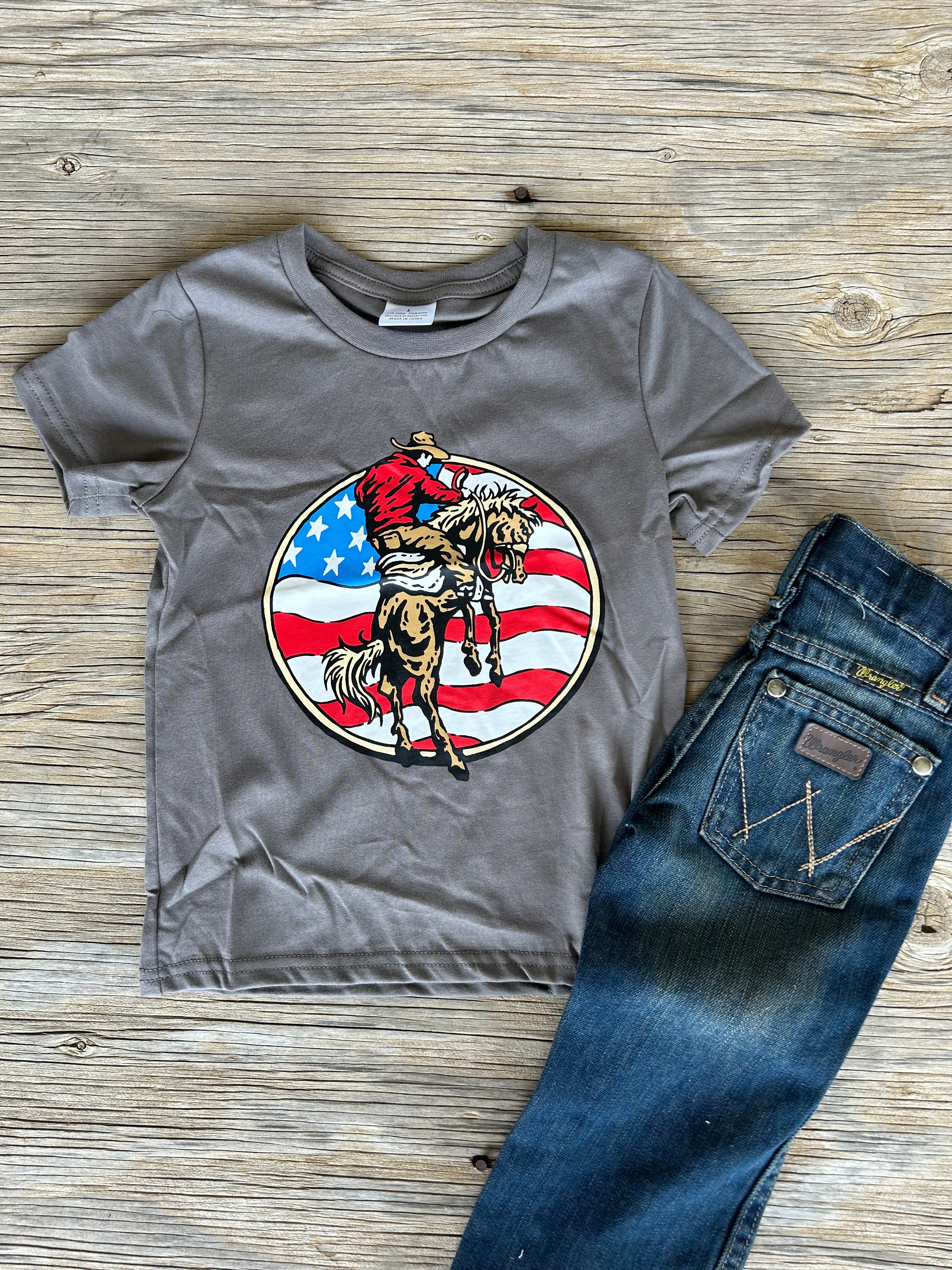 American Flag Bronc Cowkids Tee