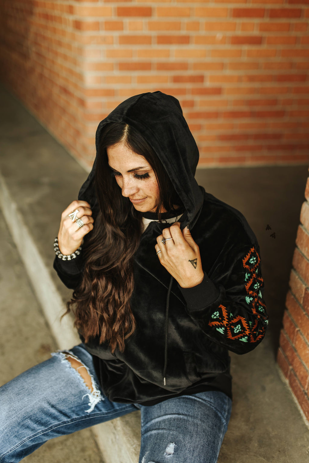 Black Velvety Aztec Zip Up