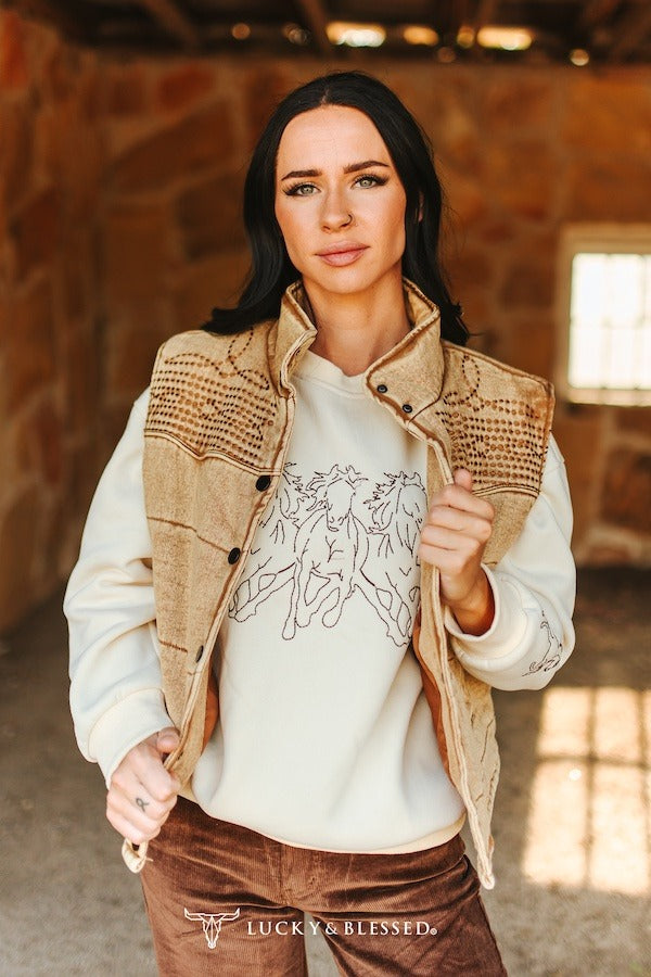 Tan Denim Embroidered Vest PREORDER