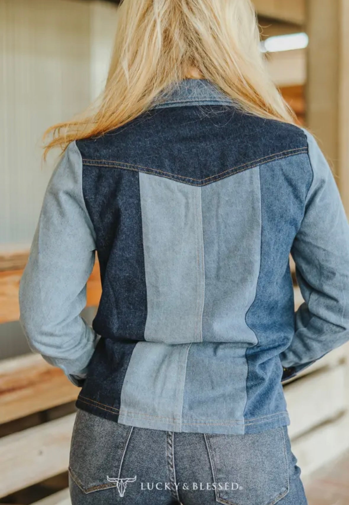 Denim Patchwork Pearl Snap Top Preorder