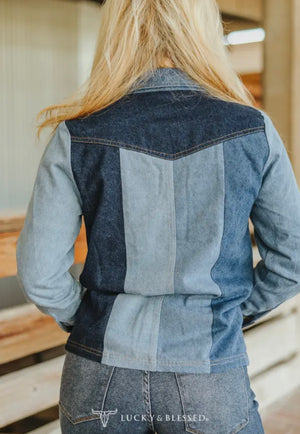 Denim Patchwork Pearl Snap Top Preorder