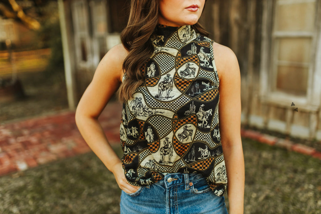 Western Checker Mock Neck Tank