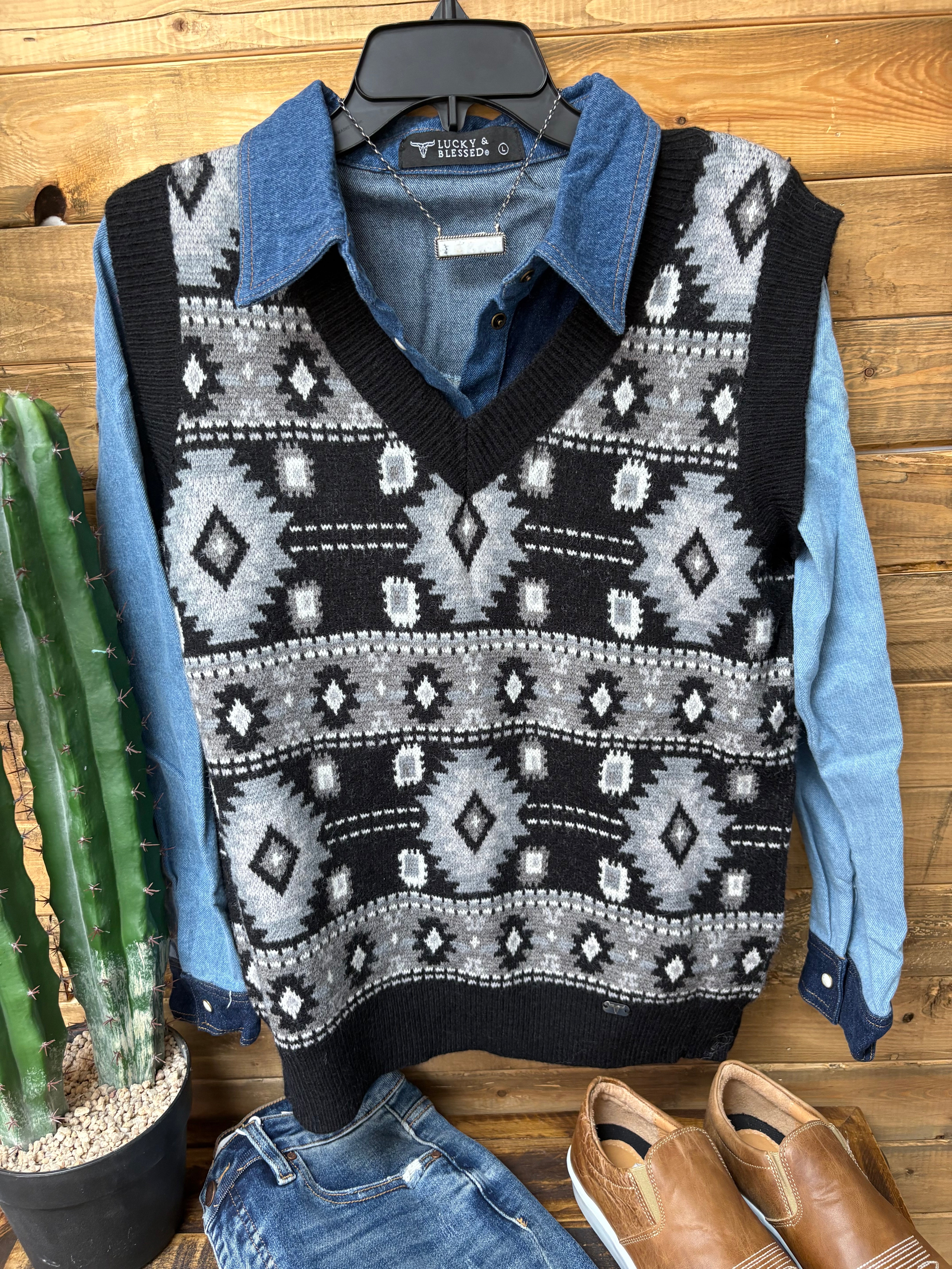 Black Aztec Sweater Vest