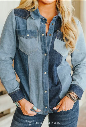 Denim Patchwork Pearl Snap Top Preorder