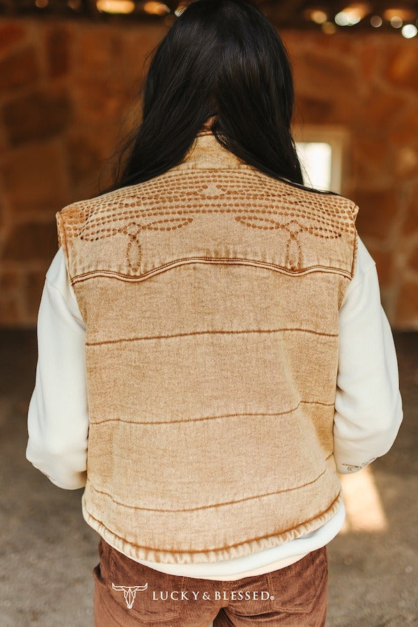 Tan Denim Embroidered Vest PREORDER