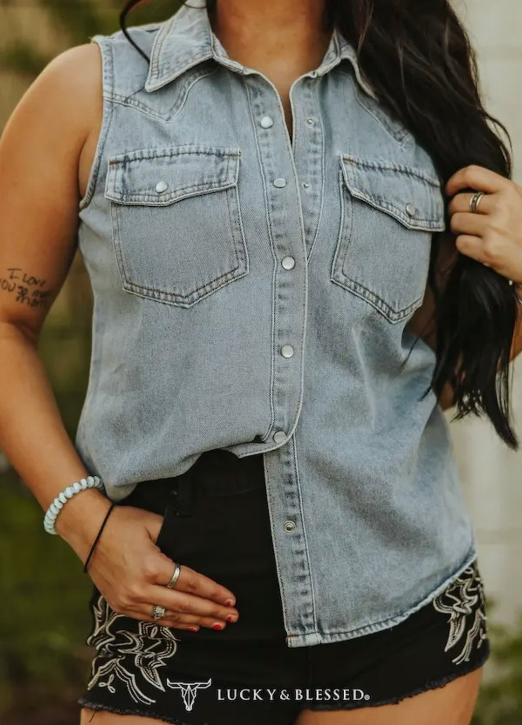 Vintage Denim Sleeveless Pearl Snap
