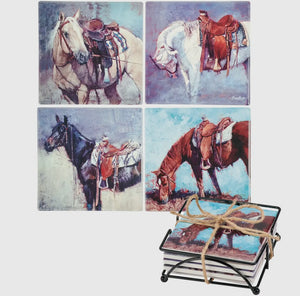 Ranch Horses Coaster Set with Holder