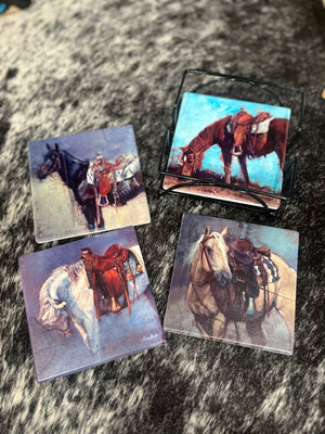Ranch Horses Coaster Set with Holder