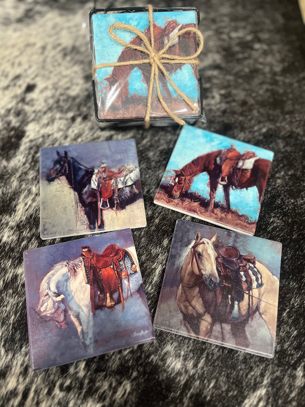 Ranch Horses Coaster Set with Holder
