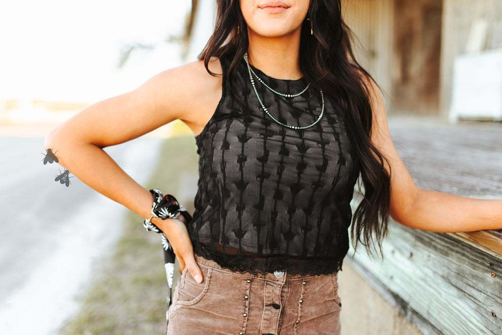 Lariat Lace Crop Tank Top Black